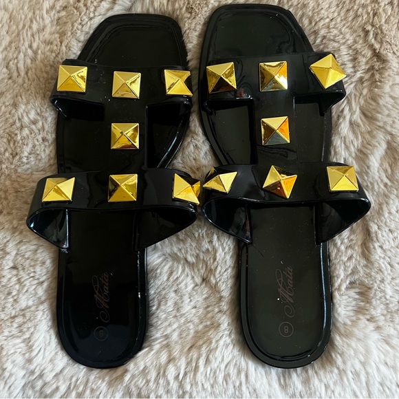 Mata Black Jelly Sandals with Gold Studs - Picture 2 of 5